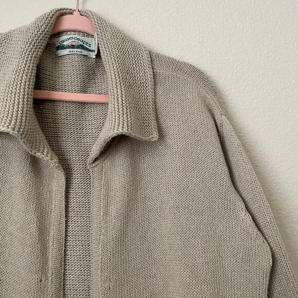 Aran‎ Crafts Ireland Cardigan Womens Large Tan Knit Eyelet Fisherman Sweater - Picture 5 of 13
